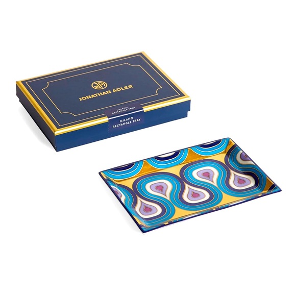 Jonathan Adler Milano rectangle tray porcelain trinket peacock MCM style NIB - Picture 1 of 6